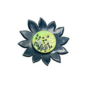 Vintage Black and Green Sunflower Brooch Painted Plastic Flower Pin Handcrafted